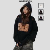 「豹纹贴布绣连帽卫衣」宽松加绒上衣连帽衫 INSstudios 国潮美式