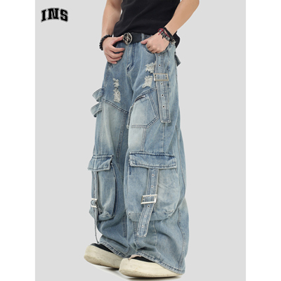INSstudios解构飘带工装牛仔裤