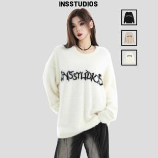 男 马海毛提花LOGO毛衣宽松圆领针织衫 INSstudios 国潮牌情侣美式