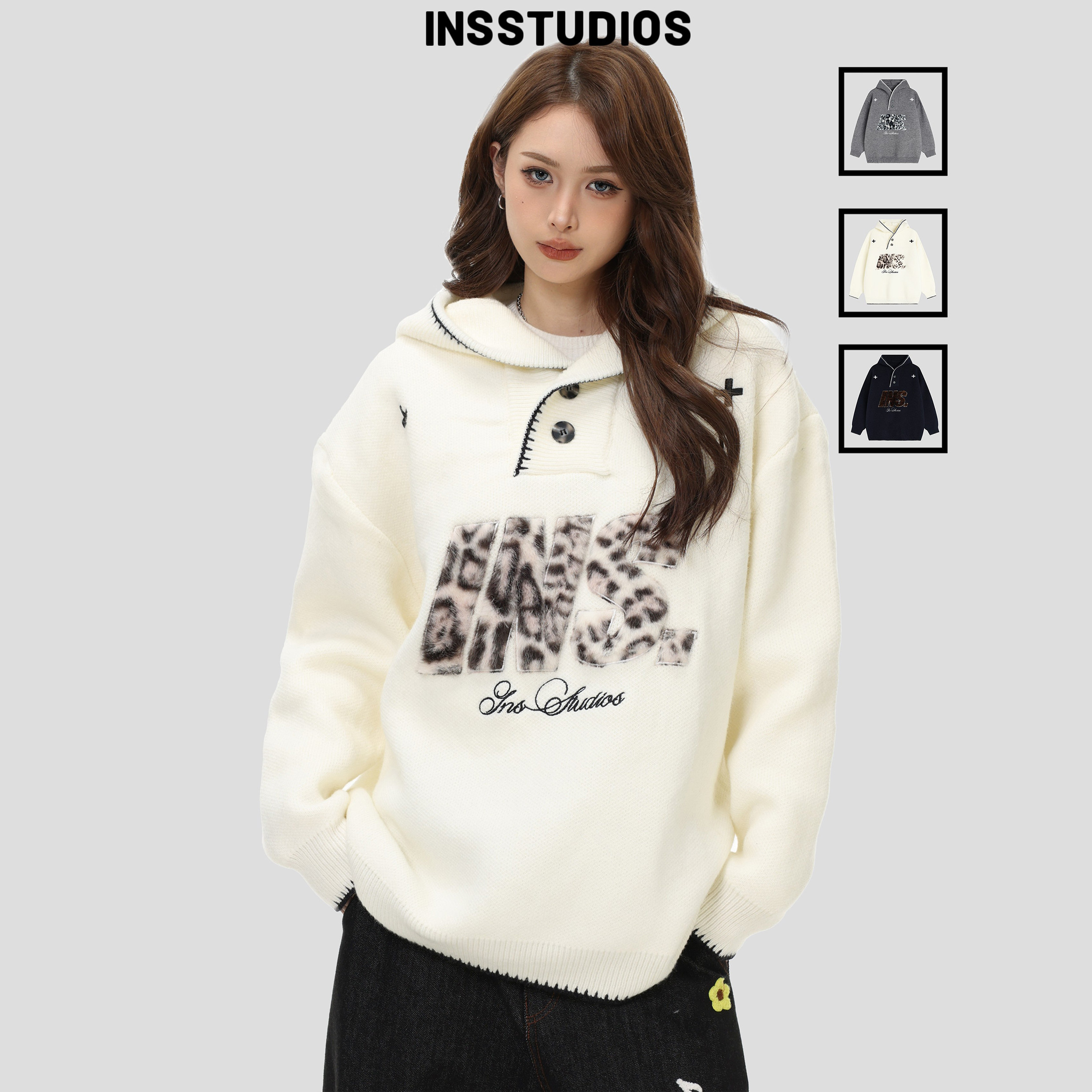 INSstudios 国潮美式复古「豹纹贴布绣连帽毛衣」宽松针织衫外套