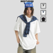 宽松纯棉T恤男 拼接打结格子假两件短袖 INSstudios 国潮牌情侣美式