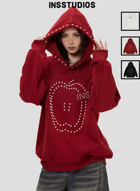 INSstudios 国潮美式「趣味苹果珍珠连帽卫衣」宽松加绒帽衫上衣