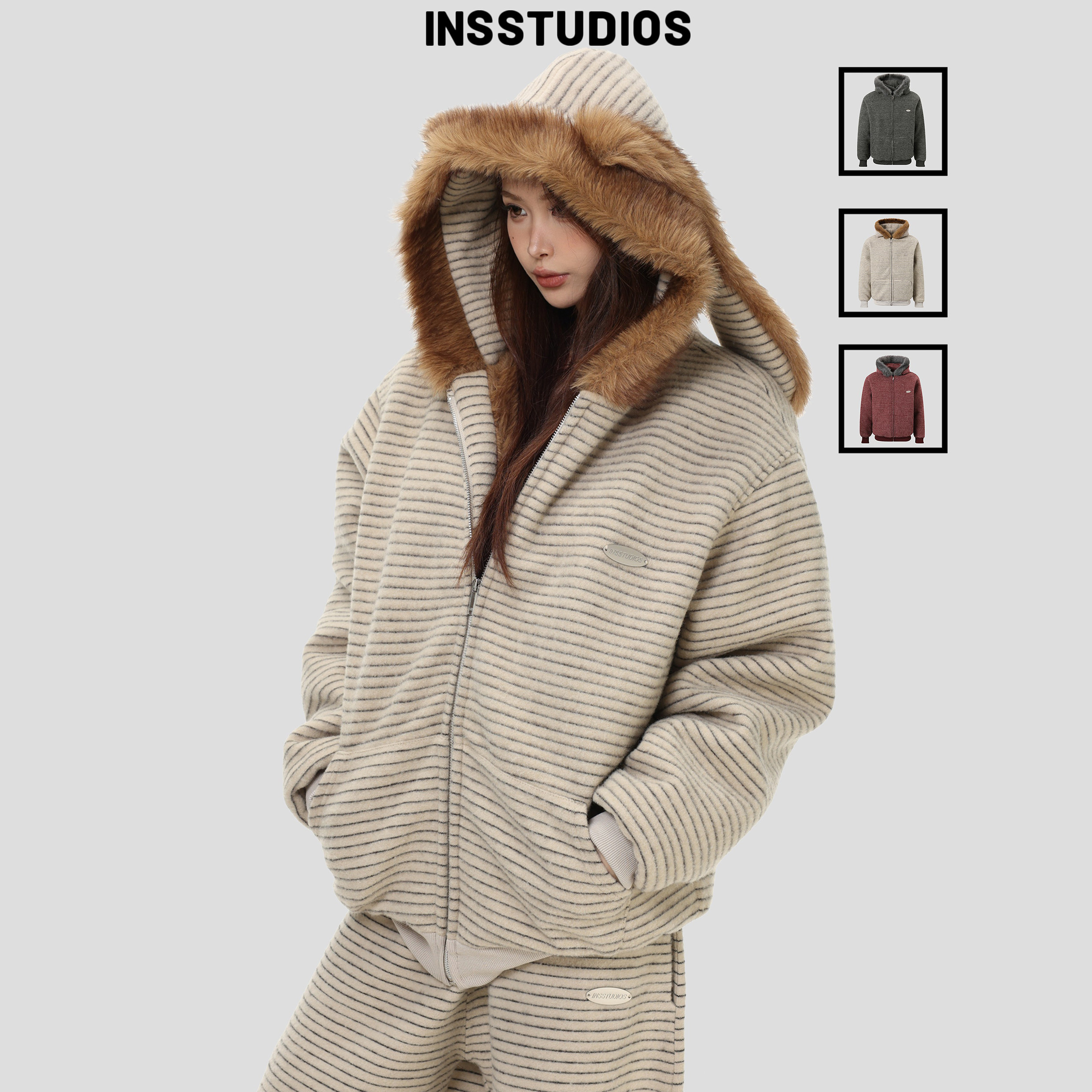 INSstudios绒感条纹兔耳毛领棉衣