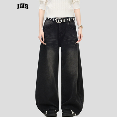 INSstudios复古猫须做旧弯刀裤