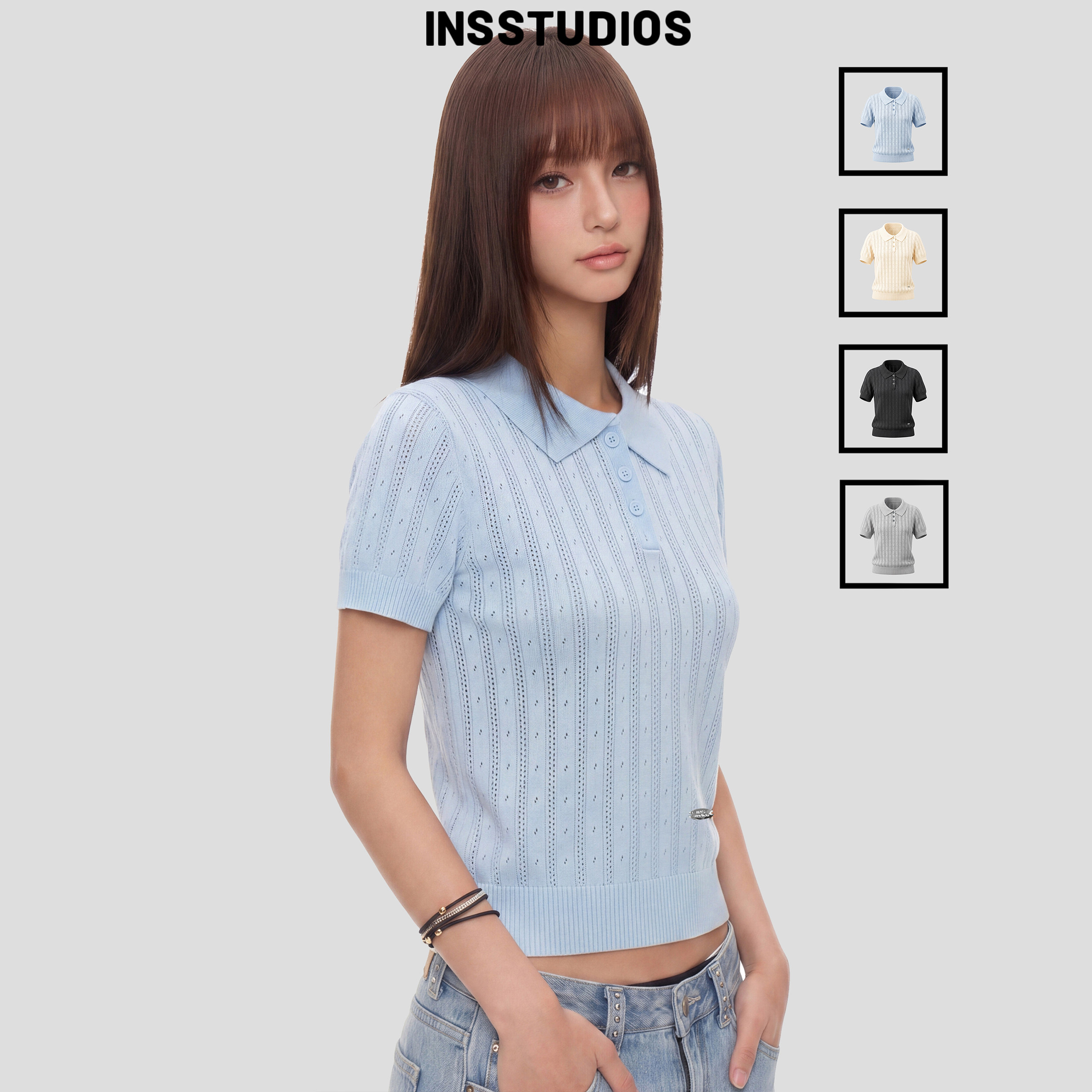 INSstudios 国潮美式「麻花绞花镂空针织短袖」夏季polo领正肩T恤