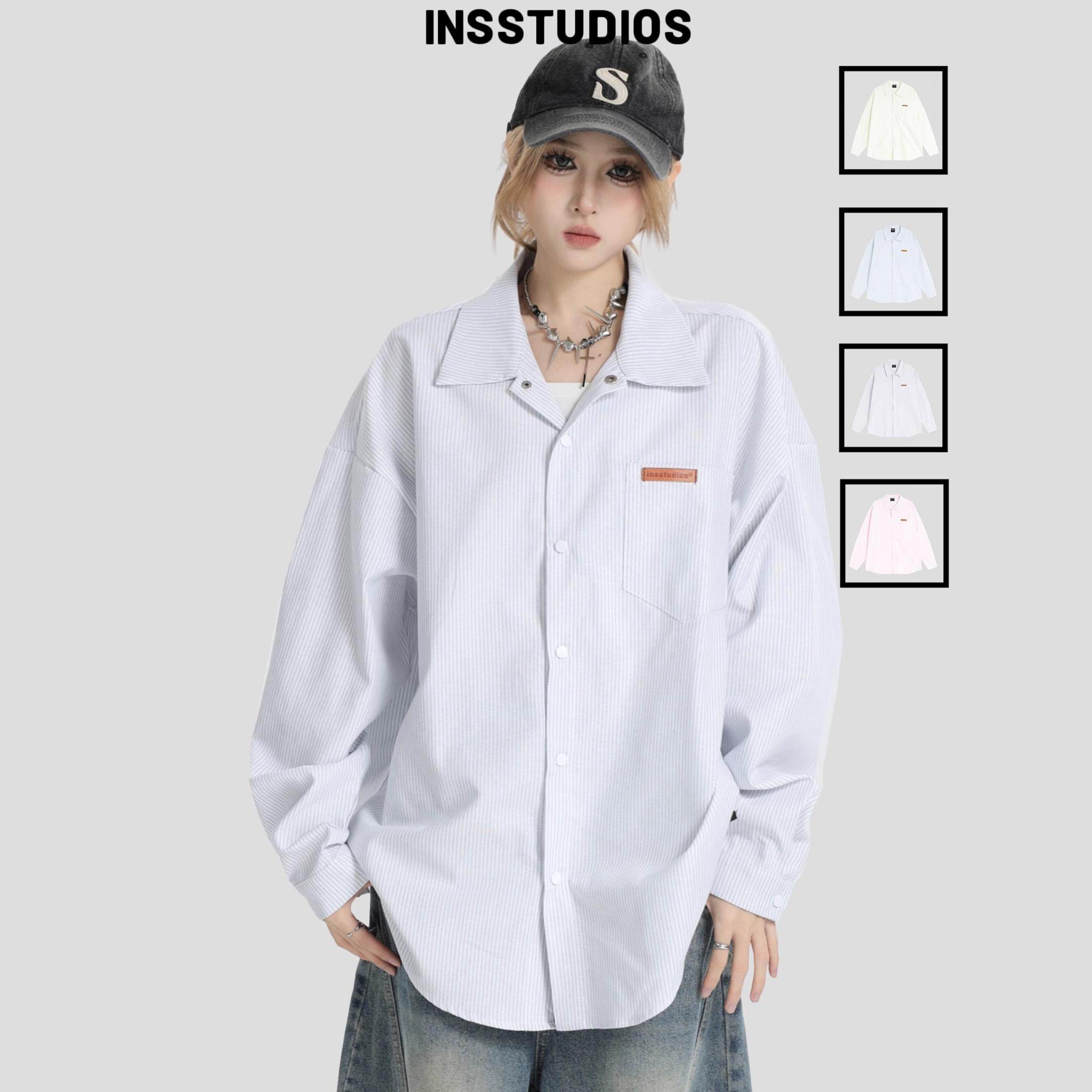 INSstudios 国潮牌情侣美式小皮标LOGO条纹衬衫宽松长袖衬衣外套