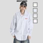 INSstudios 衬衣外套 宽松长袖 国潮牌情侣美式 小皮标LOGO条纹衬衫
