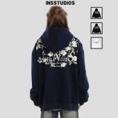 绒面发泡花藤LOGO卫衣宽松加绒连帽衫 INSstudios 国潮牌情侣美式