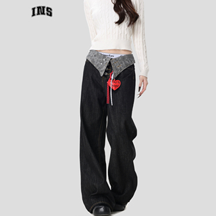 INSstudios 国潮情侣复古拼接腰果花牛仔裤宽松直筒水洗长裤子男