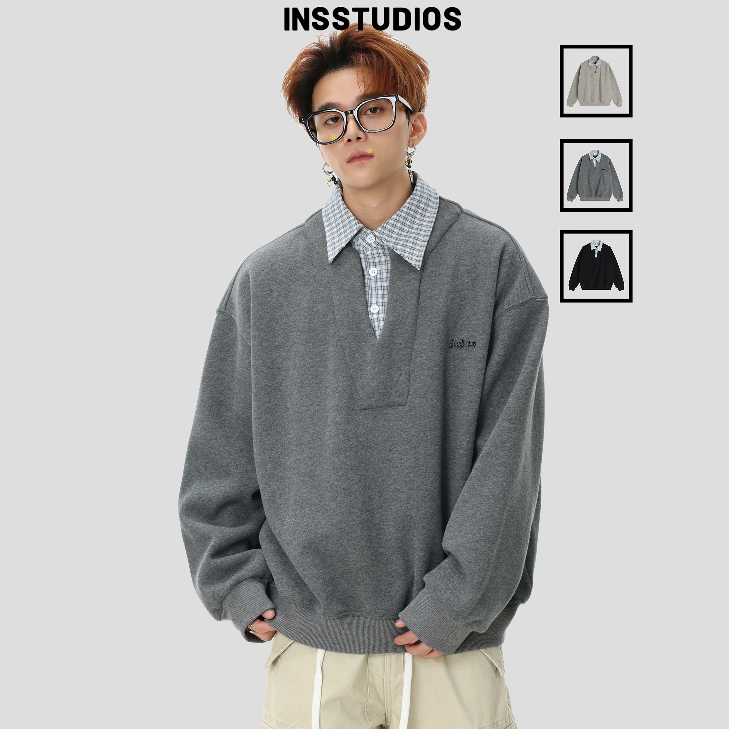 INSstudios 国潮美式复古「拼接格子假两件卫衣」宽松加绒POLO衫