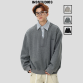 复古「拼接格子假两件卫衣」宽松加绒POLO衫 INSstudios 国潮美式