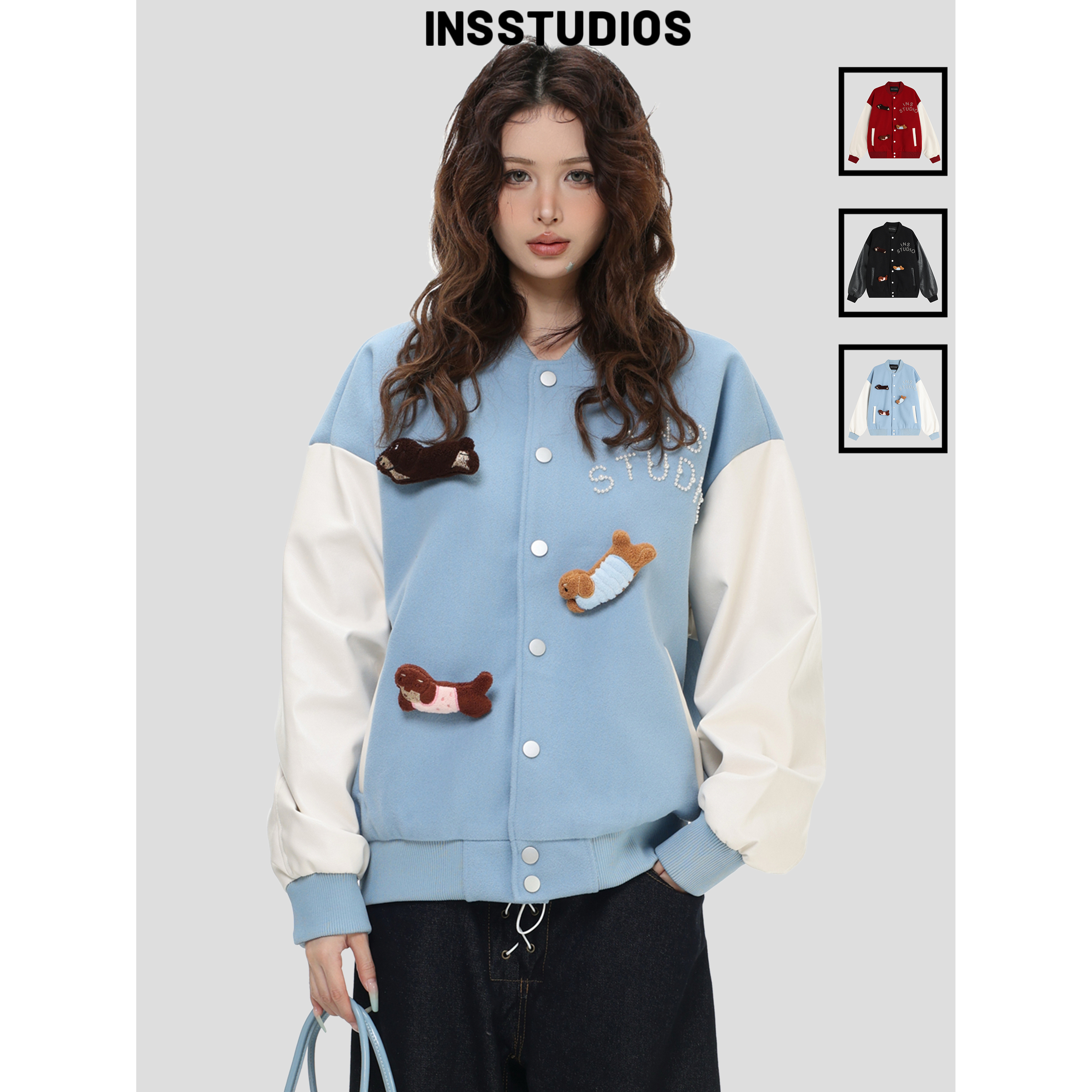 INSstudios小狗贴皮珍珠棒球服