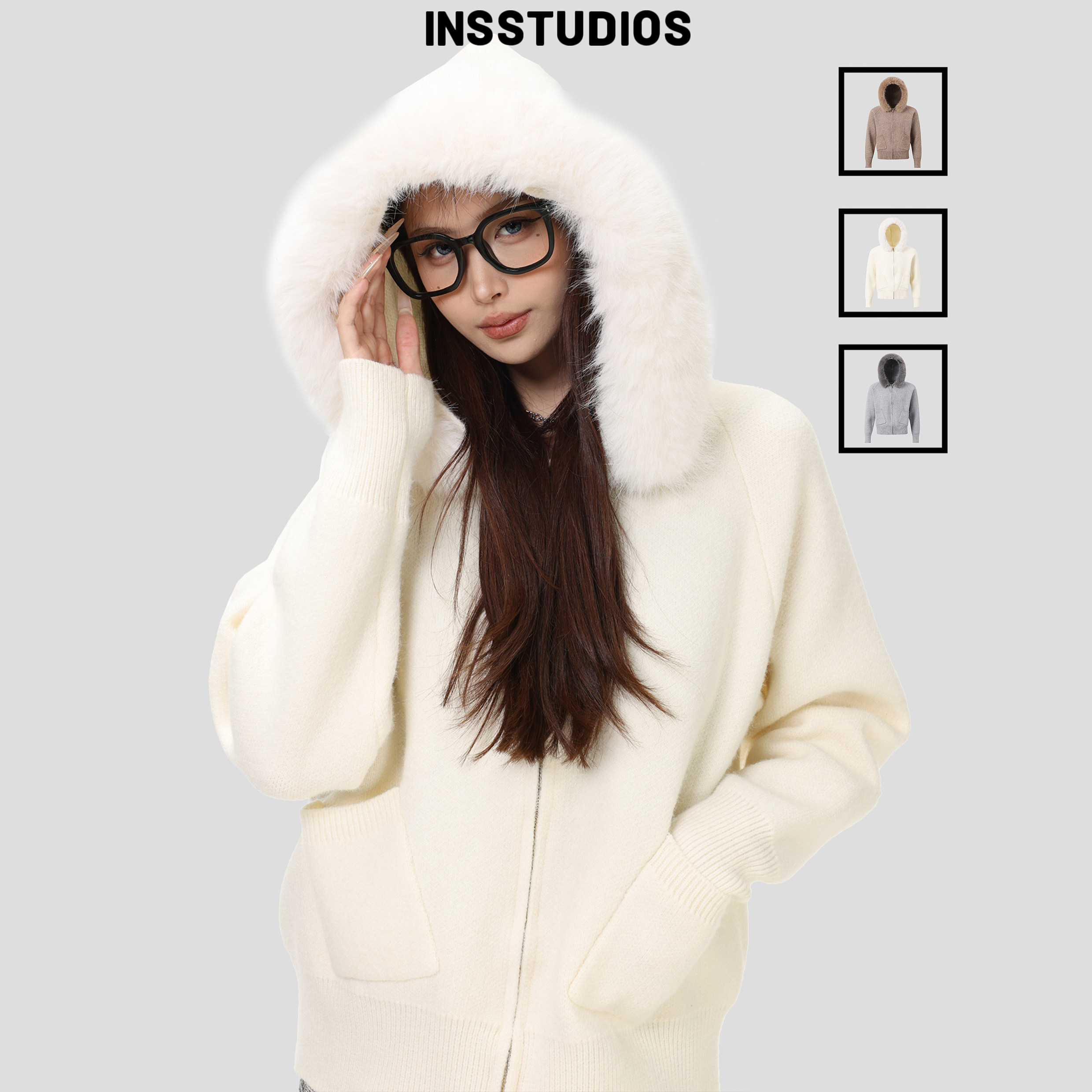 INSstudios 国潮美式「大毛领连帽开衫毛衣」宽松针织衫拉链外套,男装,针织衫/毛衣,淘宝优惠券,粉丝福利购,淘宝优惠卷