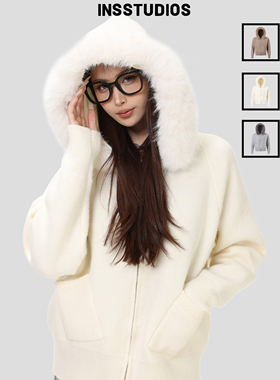 INSstudios 国潮美式「大毛领连帽开衫毛衣」宽松针织衫拉链外套