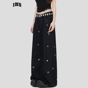 宽松直筒长裤 复古彩色星星刺绣牛仔裤 国潮牌情侣美式 INSstudios