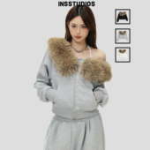 INSstudios 外套女 开衫 国潮美式 复古「可拆卸毛领斜肩卫衣」春季