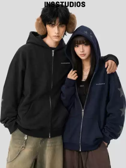 Insstudios Chinese-Style Couple's American-Style "Star Rhinestone Hoodie Sweatshirt Loose Zipper Cardigan Jacket