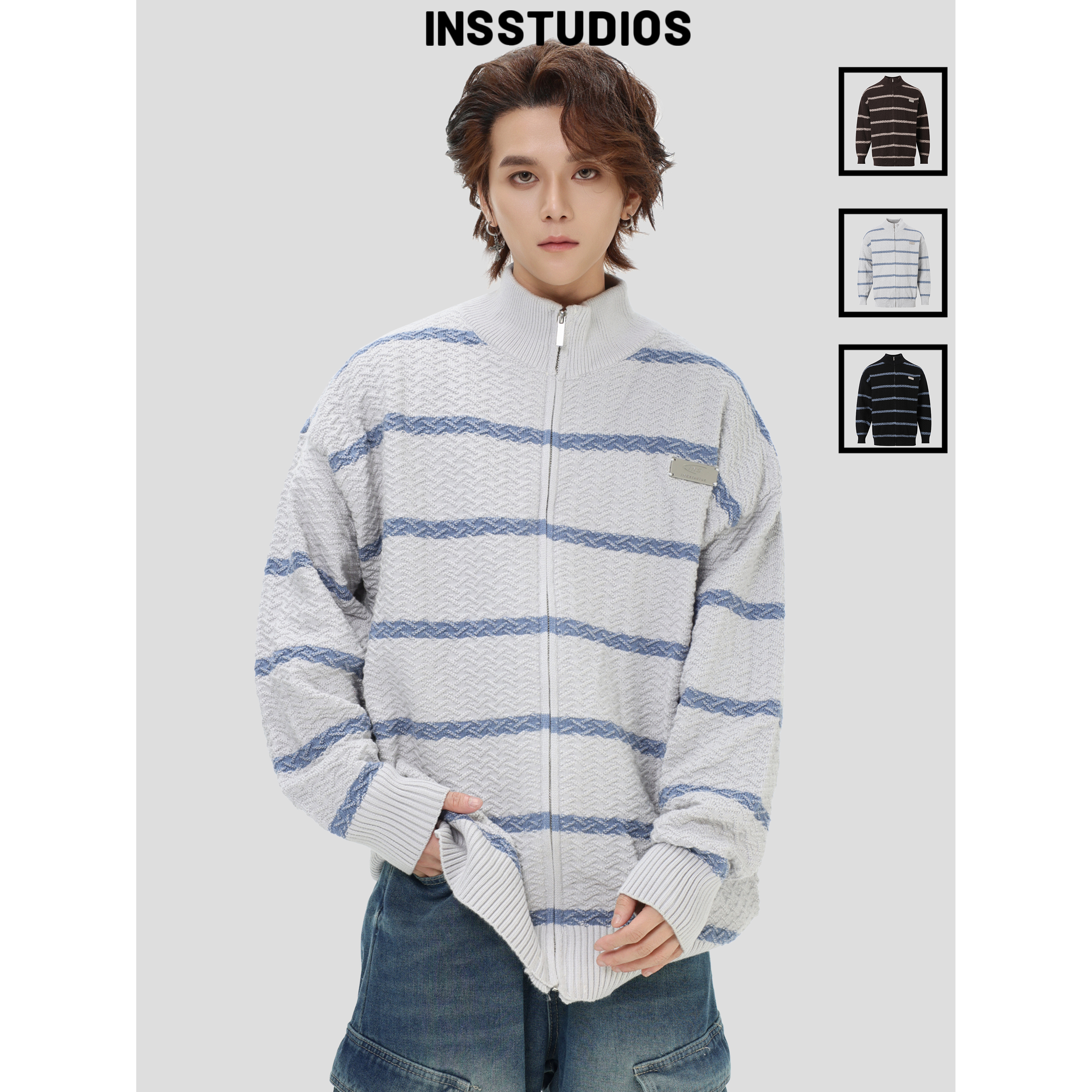 INSstudios肌理感条纹立领毛衣