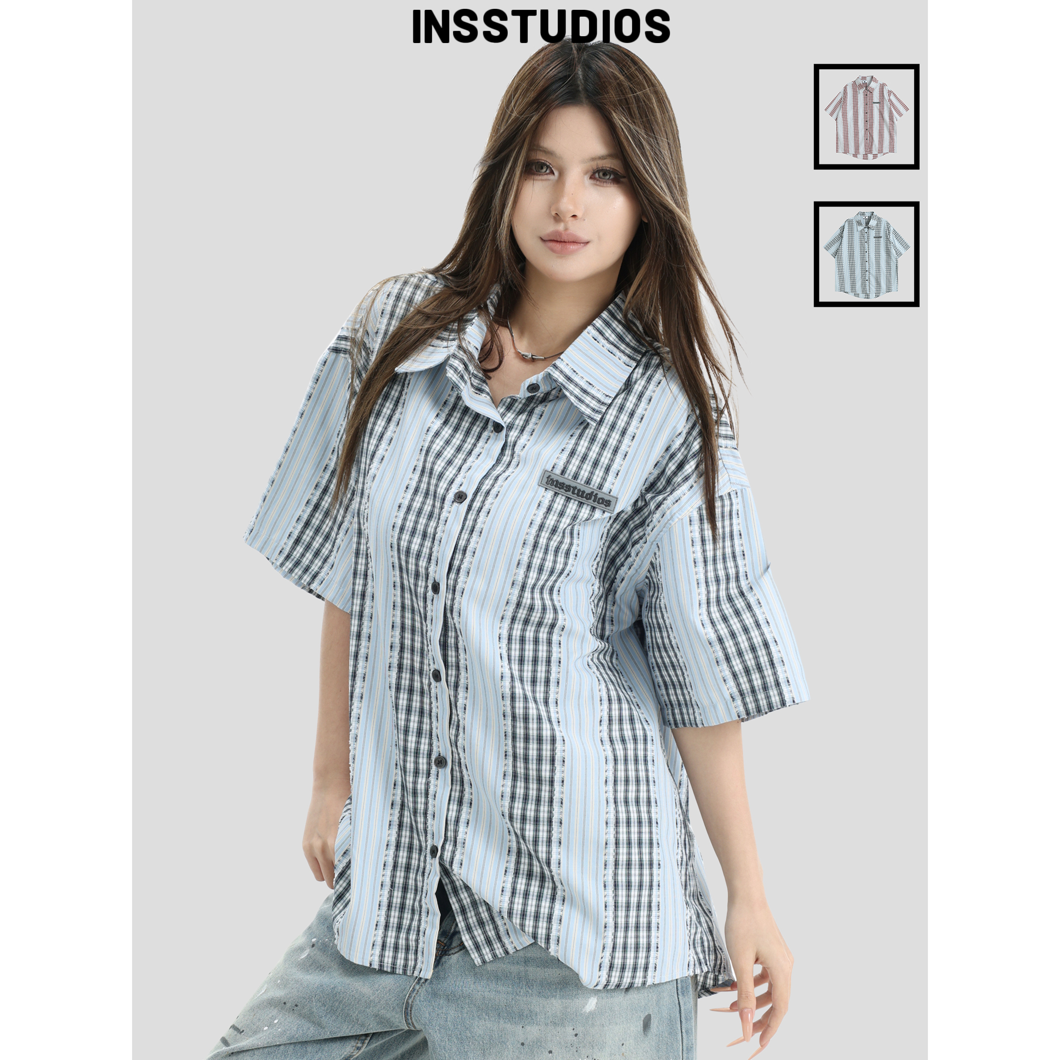 INSstudios撞色格子条纹短袖衬衫