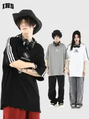 Insstudios Chinese Trendy Brand Couple's American-Style Small Logo Three-Stripe Short-Sleeve Loose Heavyweight Pure Cotton T-Shirt