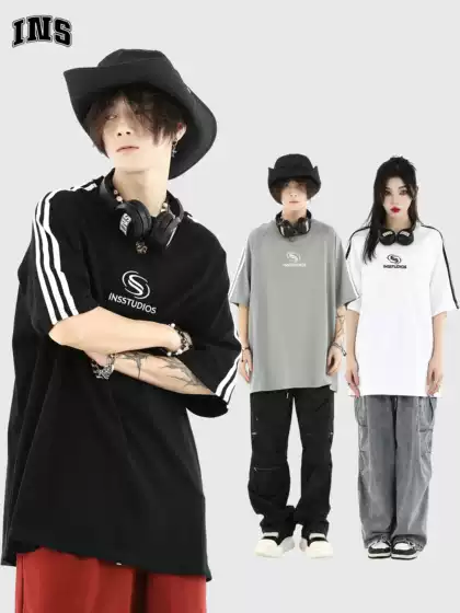 Insstudios Chinese Trendy Brand Couple's American-Style Small Logo Three-Stripe Short-Sleeve Loose Heavyweight Pure Cotton T-Shirt
