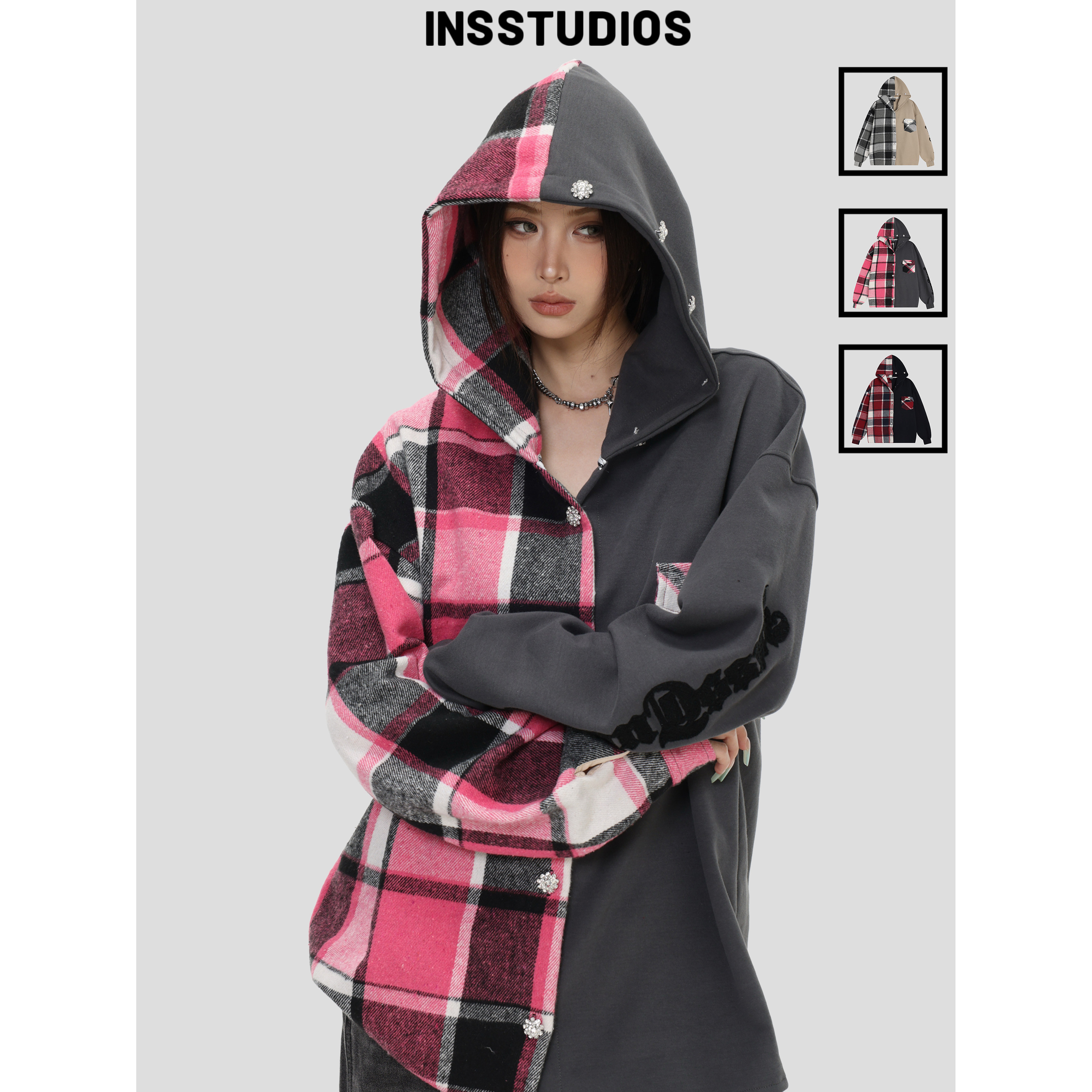 INSstudios 国潮美式「拼接格子衬衫连帽卫衣」宽松宝石开衫外套