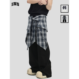 宽松运动休闲裤 「格子裙摆拼接」假两件卫裤 国潮美式 INSstudios