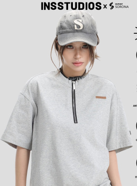 INSstudios 国潮牌情侣美式小皮标logo半拉链短袖宽松冰皮凉感t恤