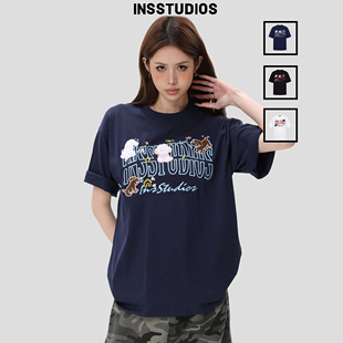 宽松半袖 INSstudios 」夏季 复古「小狗刺绣LOGO短袖 T恤男 国潮美式