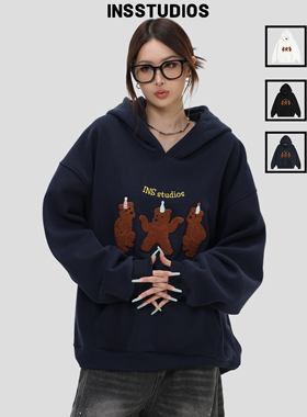 INSstudios 国潮牌美式「三只小熊毛巾绣连帽卫衣」宽松加绒帽衫