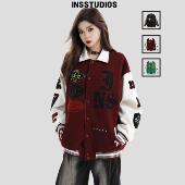 INSstudios PU皮拼色假两件棒球服机车夹克外套男 国潮牌情侣美式
