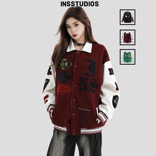 INSstudiosPU皮拼色假两件棒球服