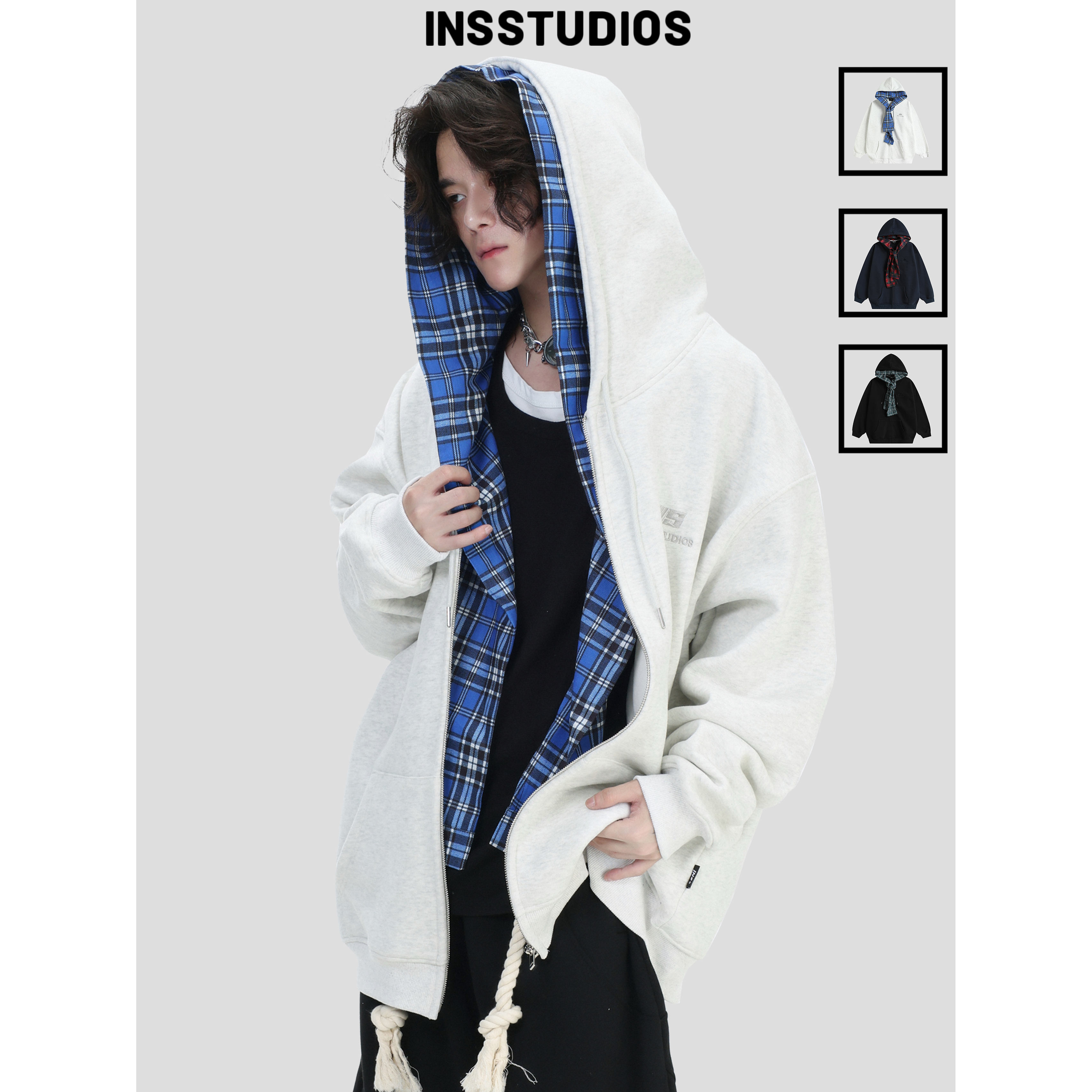 INSstudios假两件连帽格子卫衣