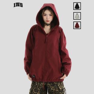國潮牌情侶美式 INSstudios 小LOGO多拉鏈沖鋒衣寬松連帽夾克外套