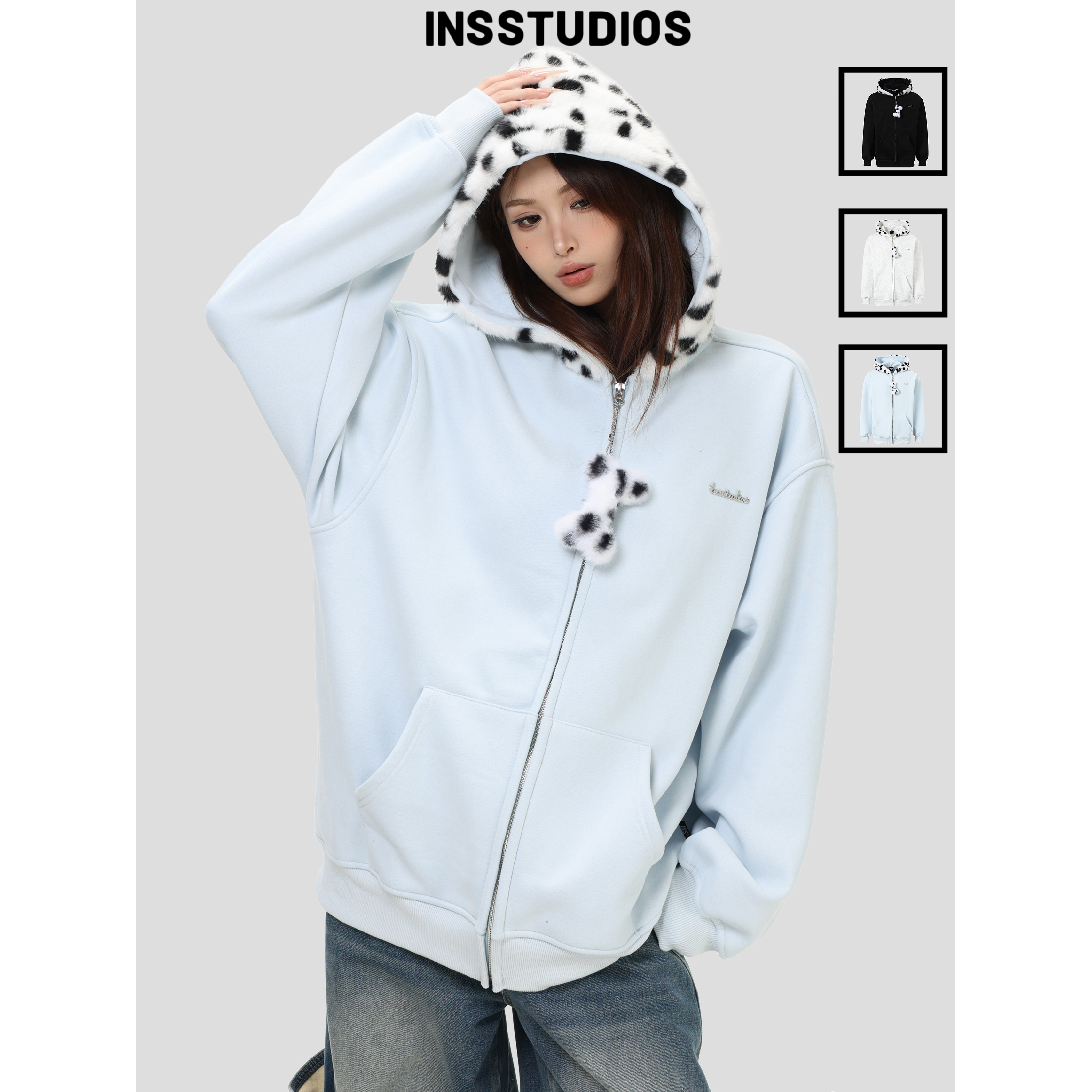 INSstudios 国潮牌美式「斑点狗拼接加绒卫衣」宽松拉链开衫外套