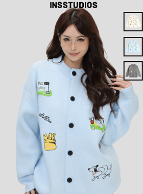 INSstudios 国潮美式复古「腊肠狗刺绣开衫毛衣」宽松针织衫外套