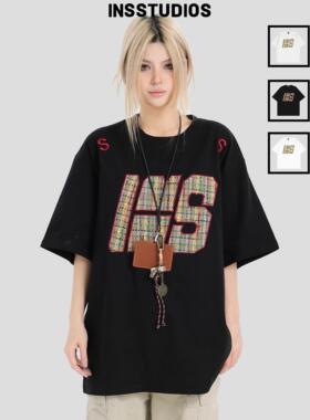 INSstudios 国潮牌情侣美式编织贴布刺绣LOGO短袖宽松纯棉半袖t恤