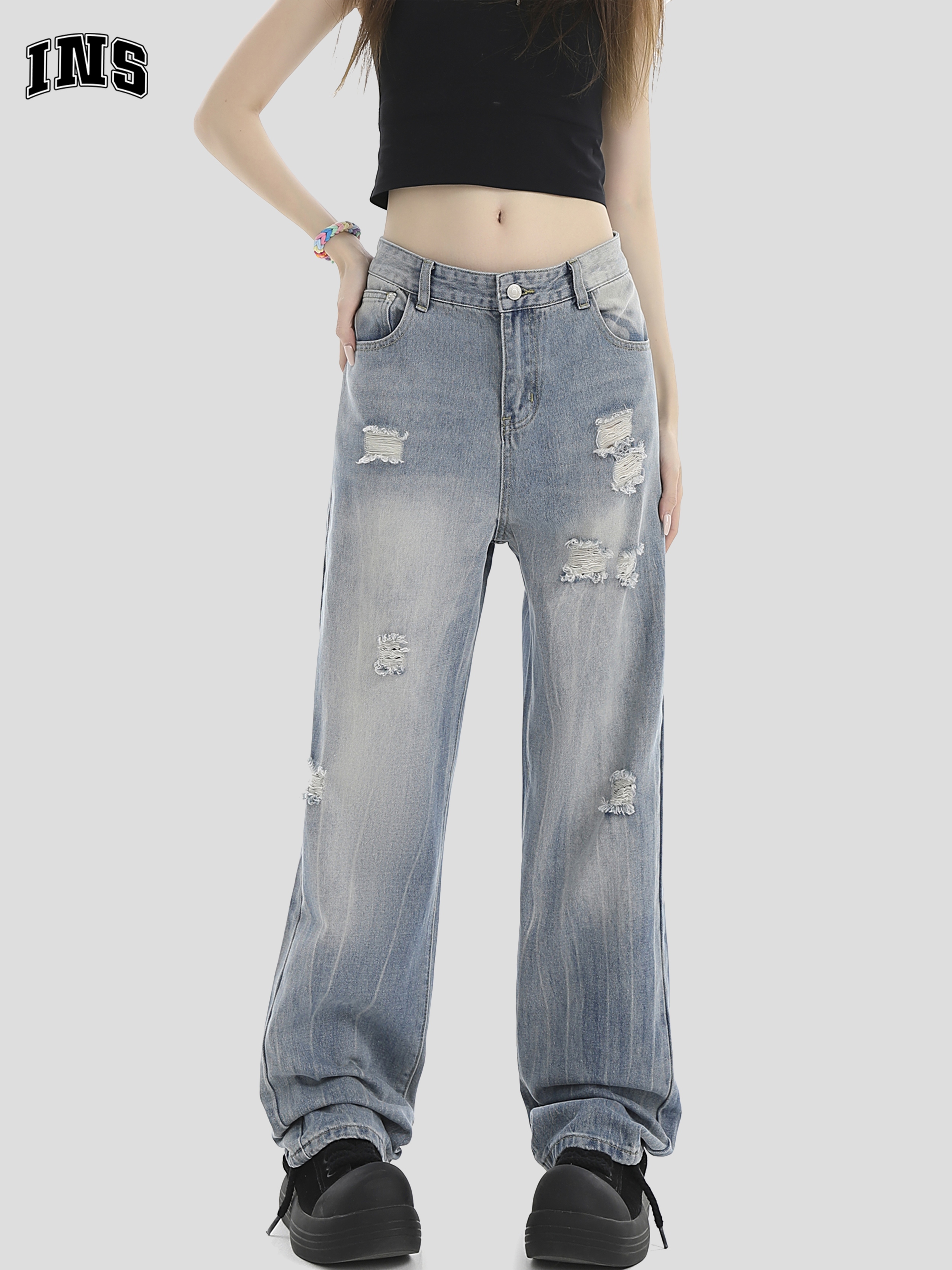 INSstudios刮烂破洞水洗牛仔裤