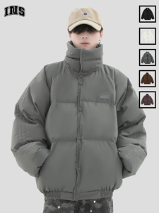 INSstudios 国潮牌情侣美式小LOGO三条杠羽绒服白鸭绒面包服外套