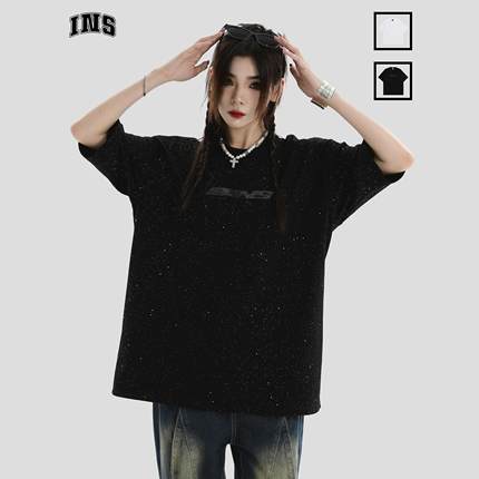 INSstudios 国潮牌情侣美式透明LOGO满天星短袖宽松半袖纯棉T恤男