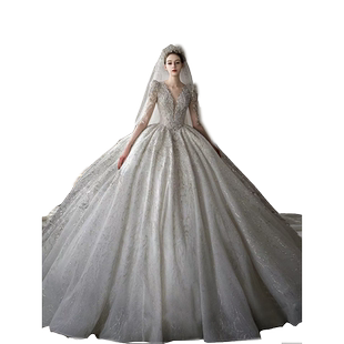 【卡塔尔女神】新款2025公主宫廷婚纱礼服大拖尾重工两穿长袖主纱