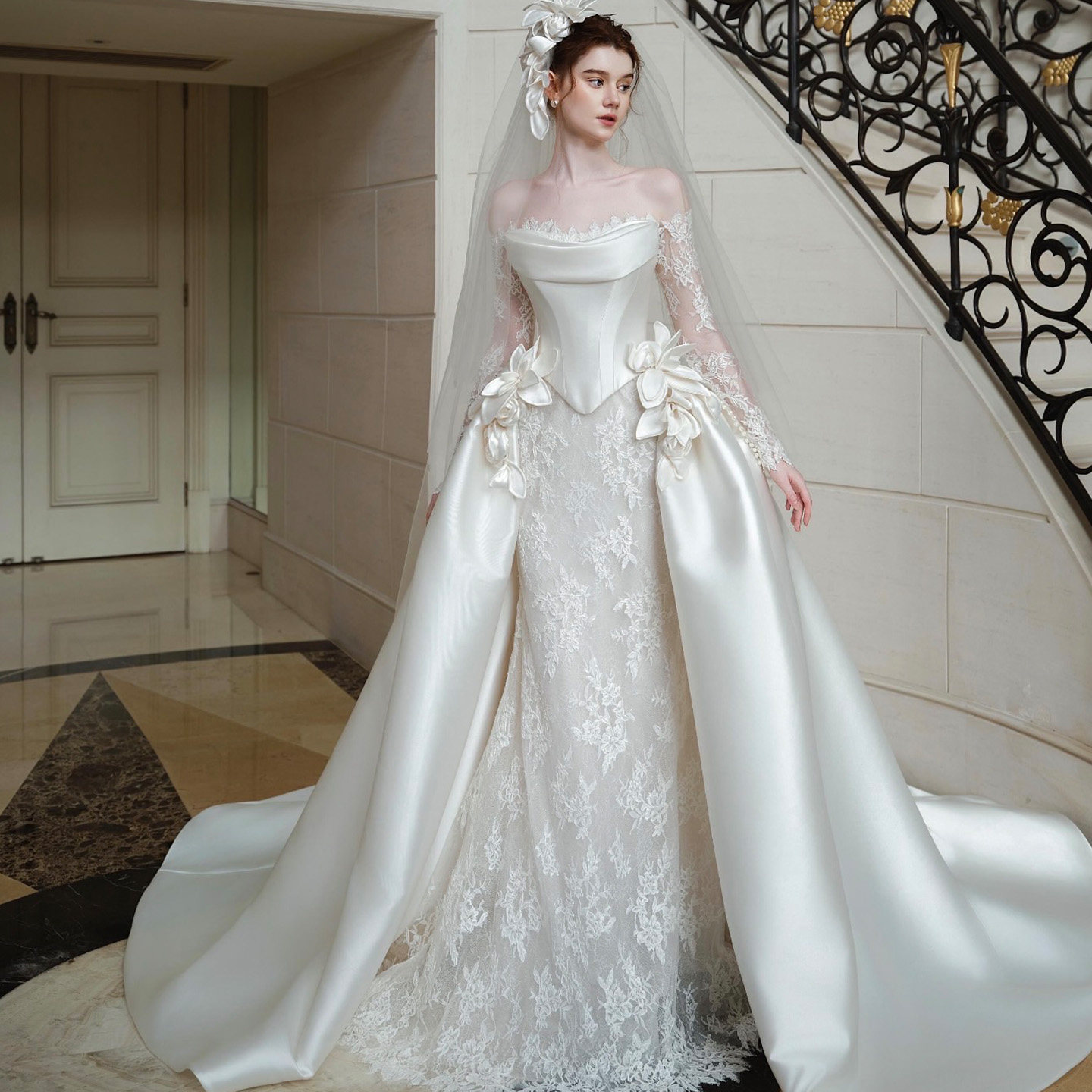 【誓言】2026新款新娘结婚婚纱礼服蕾丝鱼尾裙可拆卸韩版缎面拖尾