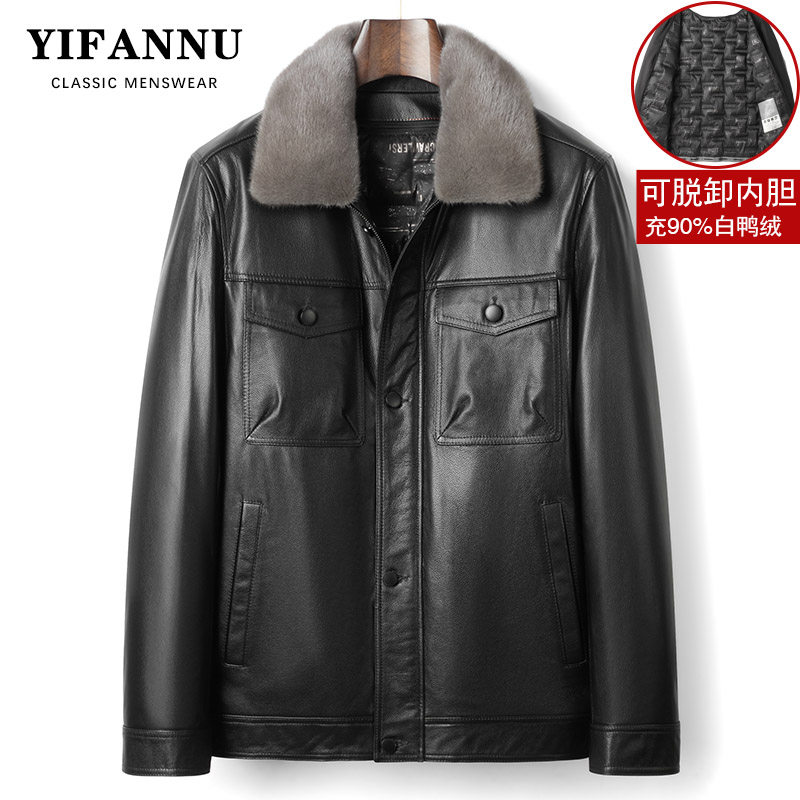 头层牛皮水貂毛领真皮羽绒服男
