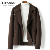 新款 羊毛呢子大衣无羊绒机车休闲外套潮 夹克男士 双面呢西装 领短款