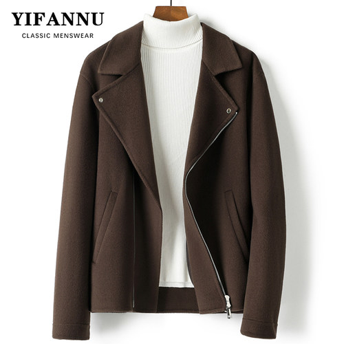 新款双面呢西装领短款夹克男士羊毛呢子大衣无羊绒机车休闲外套潮 - 封面