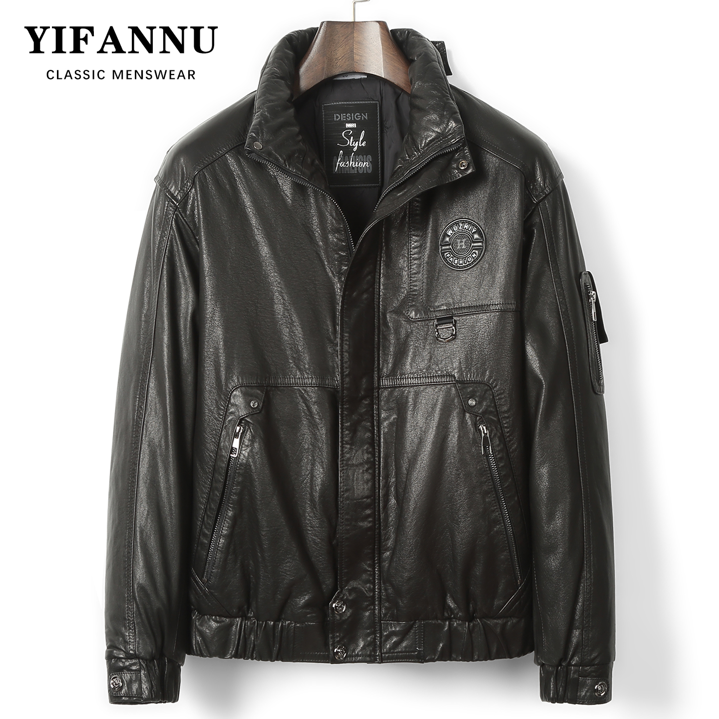 海宁头层牛皮桑蚕丝绵夹克男外套