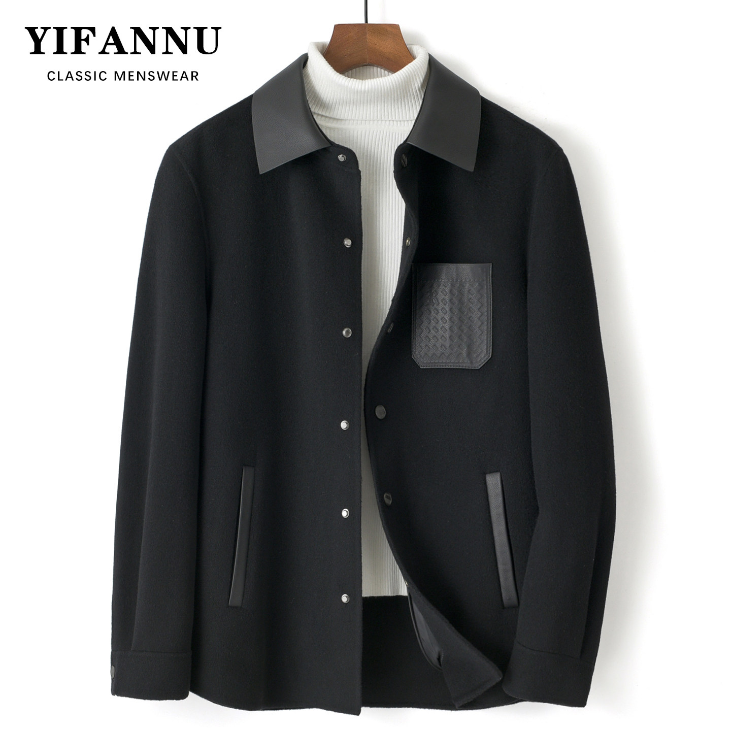 秋冬季宽松时尚双面纯羊毛大衣青年男士短款衬衫款外套真皮翻领潮,男装,毛呢大衣,淘宝优惠券,粉丝福利购,淘宝优惠卷