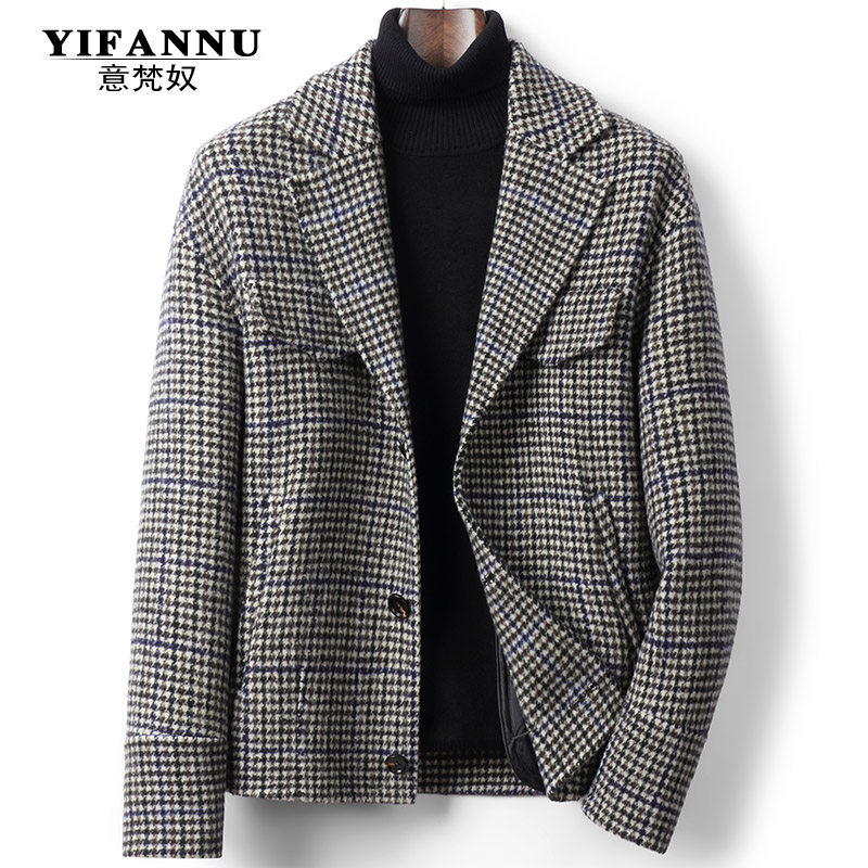 春款高端羊毛双面呢子夹克男短款新款韩版时尚帅西装千鸟格外套潮