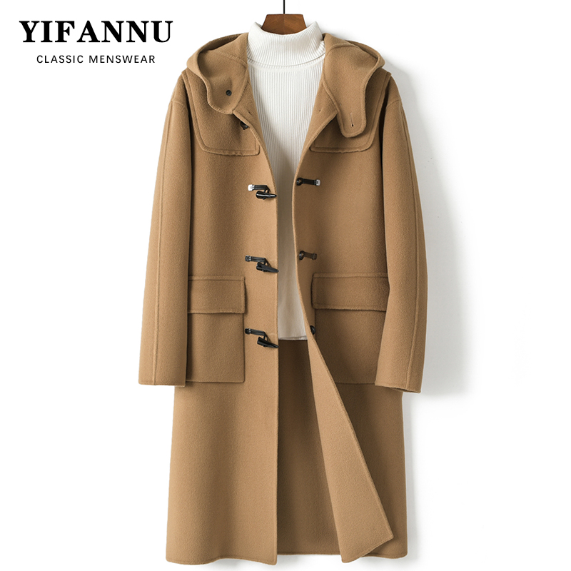 长款100%羊毛连帽款双面呢大衣男