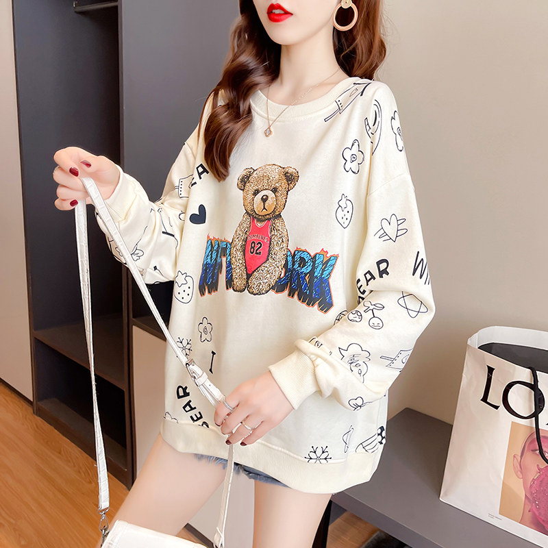 长袖t恤女2021新款韩版潮宽松秋衣外穿洋气小熊上衣打底衫女秋冬